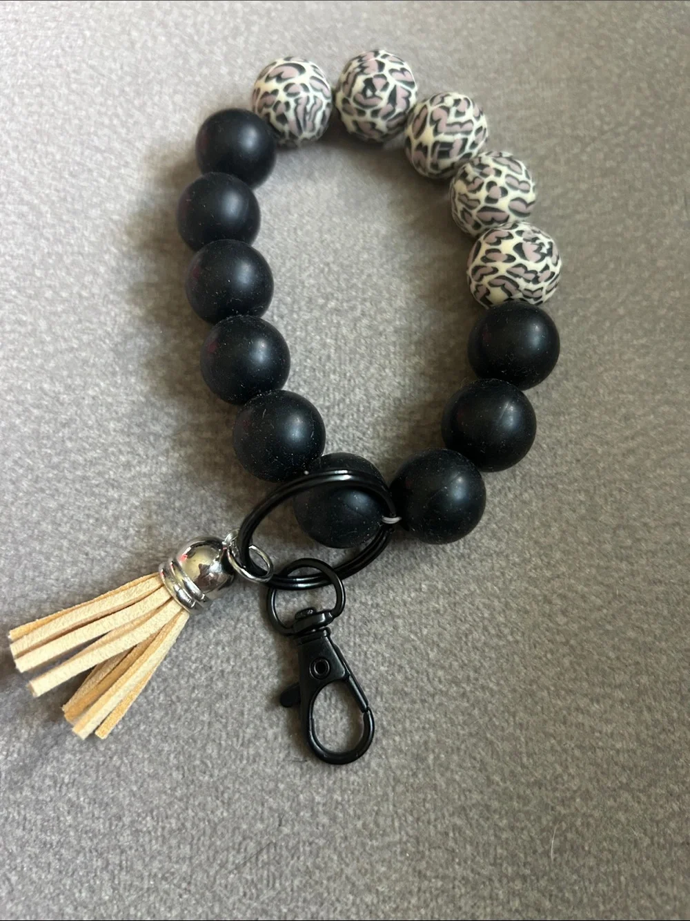 Black Beaded Wrist Keychain with Leopard Accent and Tassel